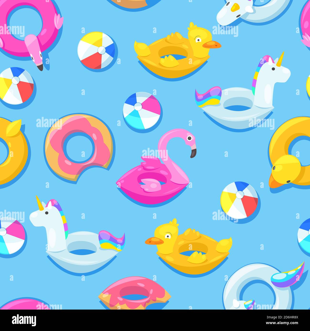 Nahtloses Poolmuster. Einhorn, Flamingo, Ente, Ball, Donut cute schwimmt in blauem Wasser. Vektorgrafik. Mode Sommer Textil-Druck-Design. Stock Vektor