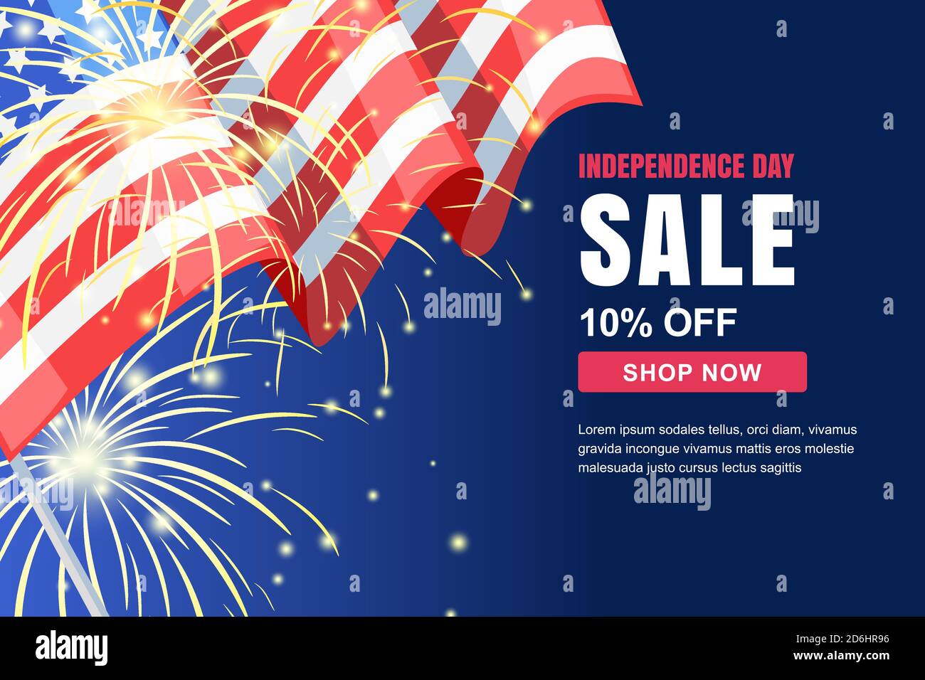 USA Independence Day Verkauf Vektor-Banner-Vorlage. Urlaub dunkelblauen Hintergrund mit Flagge und Feuerwerk. 4. Juli Feier Konzept. Stock Vektor