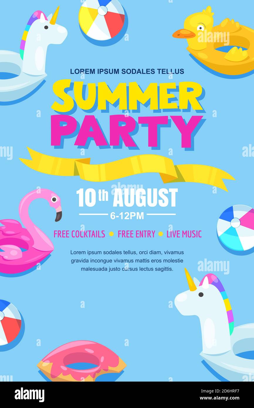 Sommer Pool Party, Vektor-Poster, Banner-Layout. Einhorn, Flamingo, Ente, Ball, Donut cute schwimmt im Wasser. Spaß Urlaub Hintergrund Stock Vektor