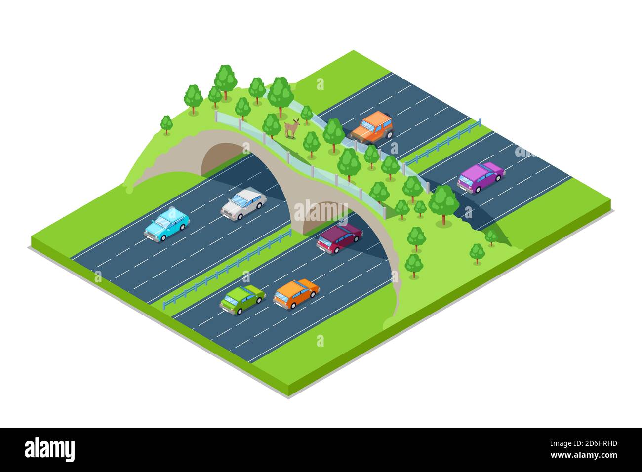 Autobahn und grüne Brücke für Tiere über der Straße. Vektor-isometrische 3D-Illustration. Sparen Sie Umwelt und Ökologie Konzept. Moderne Straße jun Stock Vektor