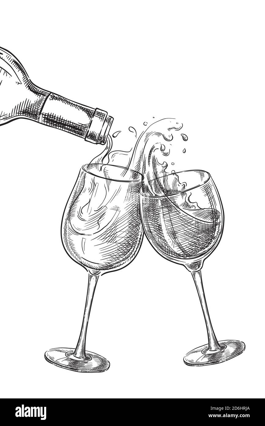Zwei Gläser mit Getränken. Wein aus der Flasche ins Glas gießen, Skizzenvektor Illustration. Handgezeichnete Designelemente für Etiketten. Stock Vektor