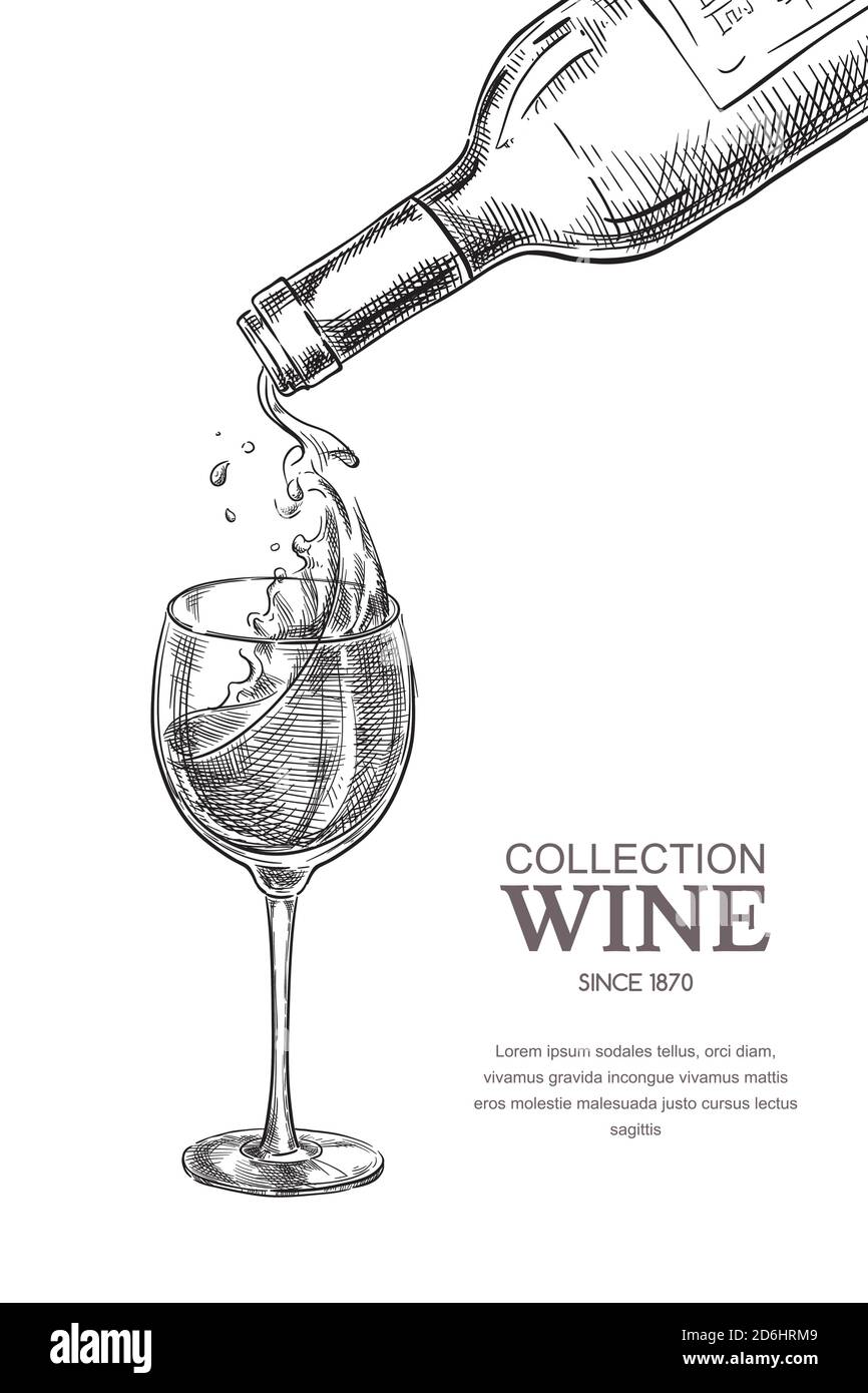 Wein aus der Flasche ins Glas gießen, Skizzenvektor Illustration. Handgezeichnete Designelemente für Etiketten. Stock Vektor