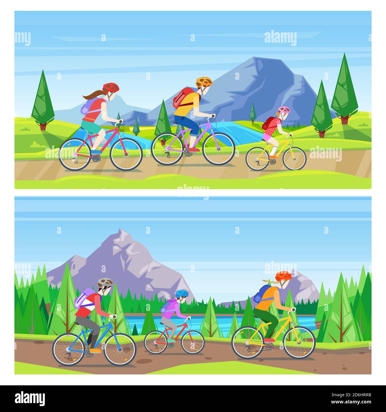 Familienurlaub, Radfahren und Outdoor-Sport. Horizontaler Vektor-Bannersatz. Mama, Papa und Tochter fahren Fahrräder auf Bergstraße. Stock Vektor