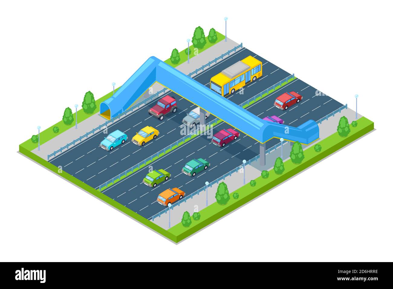 Autobahn und Fußgängerbrücke für Menschen über der Straße. Vektor-isometrische 3D-Illustration. Sicherheitsüberführung, Transport, moderner Straßenbau und jun Stock Vektor