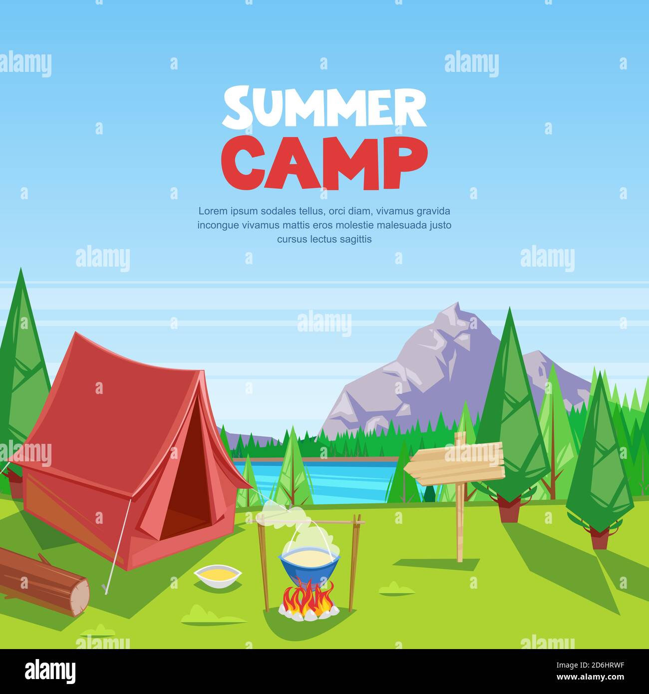 Sommer Camping Vektor Cartoon Illustration. Abenteuer, Reisen und Öko-Tourismus Konzept. Touristisches Zeltlager auf Wiese. Natur Landschaft Hintergrund. Stock Vektor