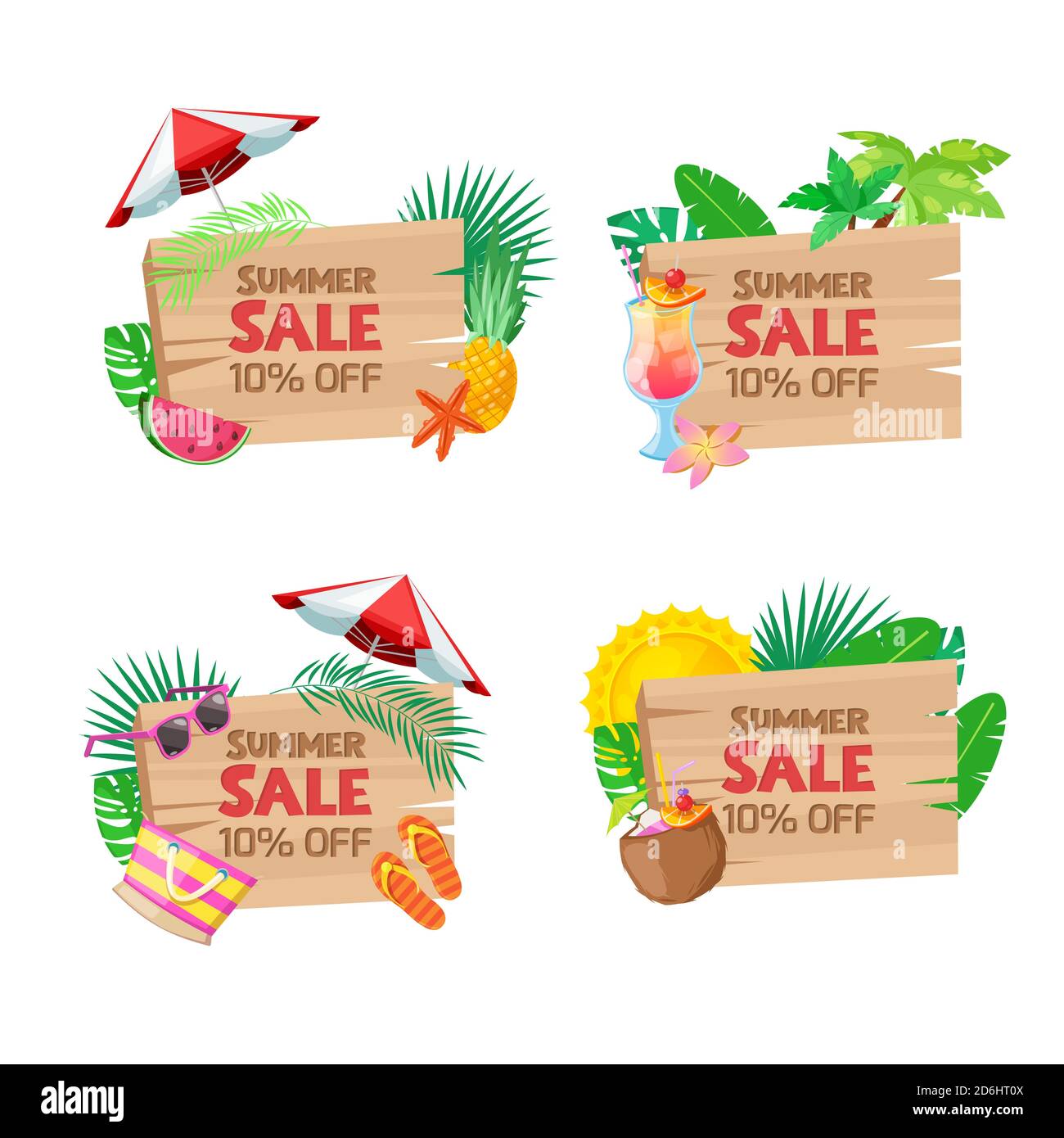 Satz von Holzbrett Verkauf Banner. Sticker, Abzeichen, Etiketten und Tags Design-Vorlagen. Vektor Strand und Sommer tropischen Illustration. Stock Vektor