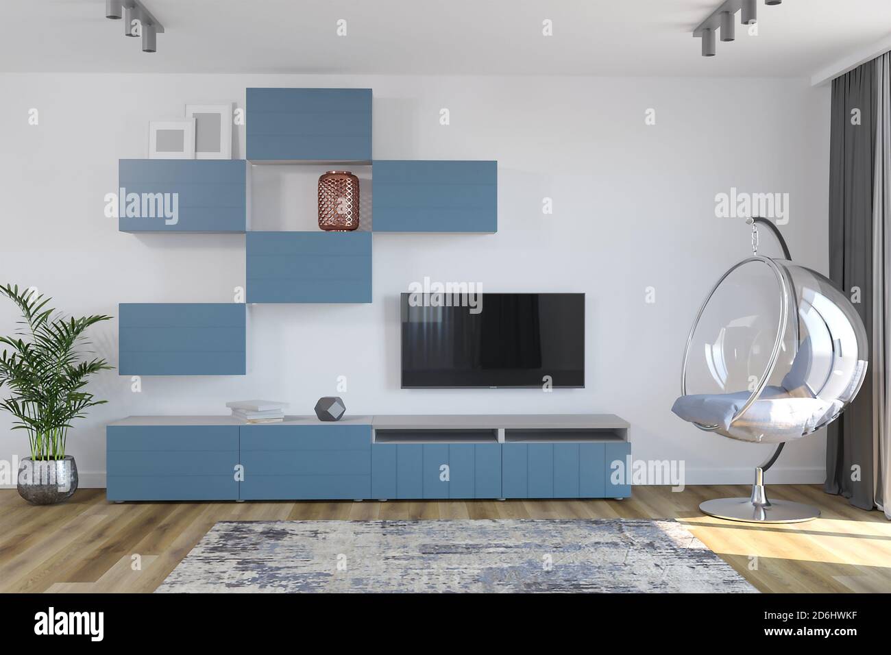 3d-Rendering der minimalistischen tv-Zone Innenarchitektur mit runden Sessel Stockfoto