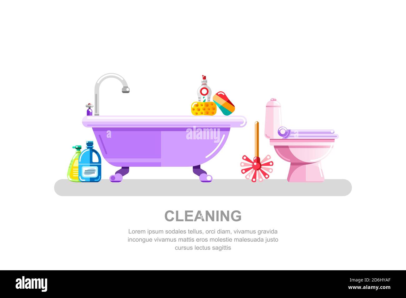 Badezimmer und sanitäre Technik Reinigung. Vektor isolierte Illustration von Badewanne, Toilette, Reinigungsmitteln und Waschmitteln. Hausarbeit Konzept. Stock Vektor