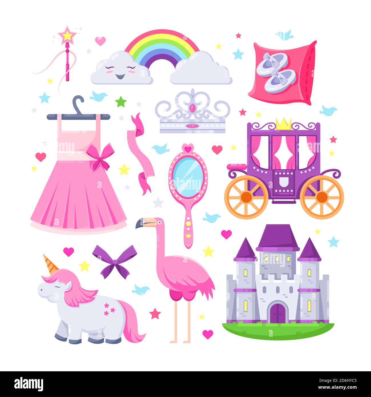Kleine Prinzessin rosa Ikonen gesetzt. Vektor-Illustration von Einhorn, Burg, Krone, Flamingo, Mädchen Kleid, Regenbogen und Kutsche. Stock Vektor