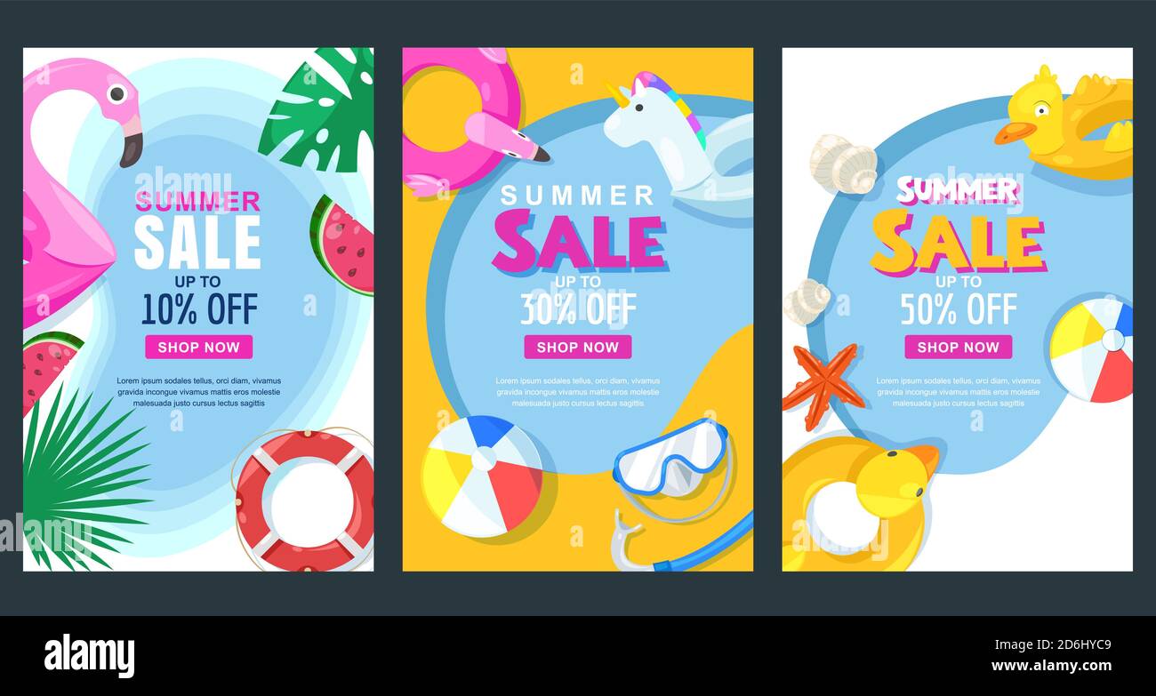 Sommer Verkauf vertikale Banner oder Poster-Set. Vektor-Illustration von Pool mit Schwimmer-Gummi-Spielzeug. Farbenfrohe Feiertage Hintergrund. Stock Vektor