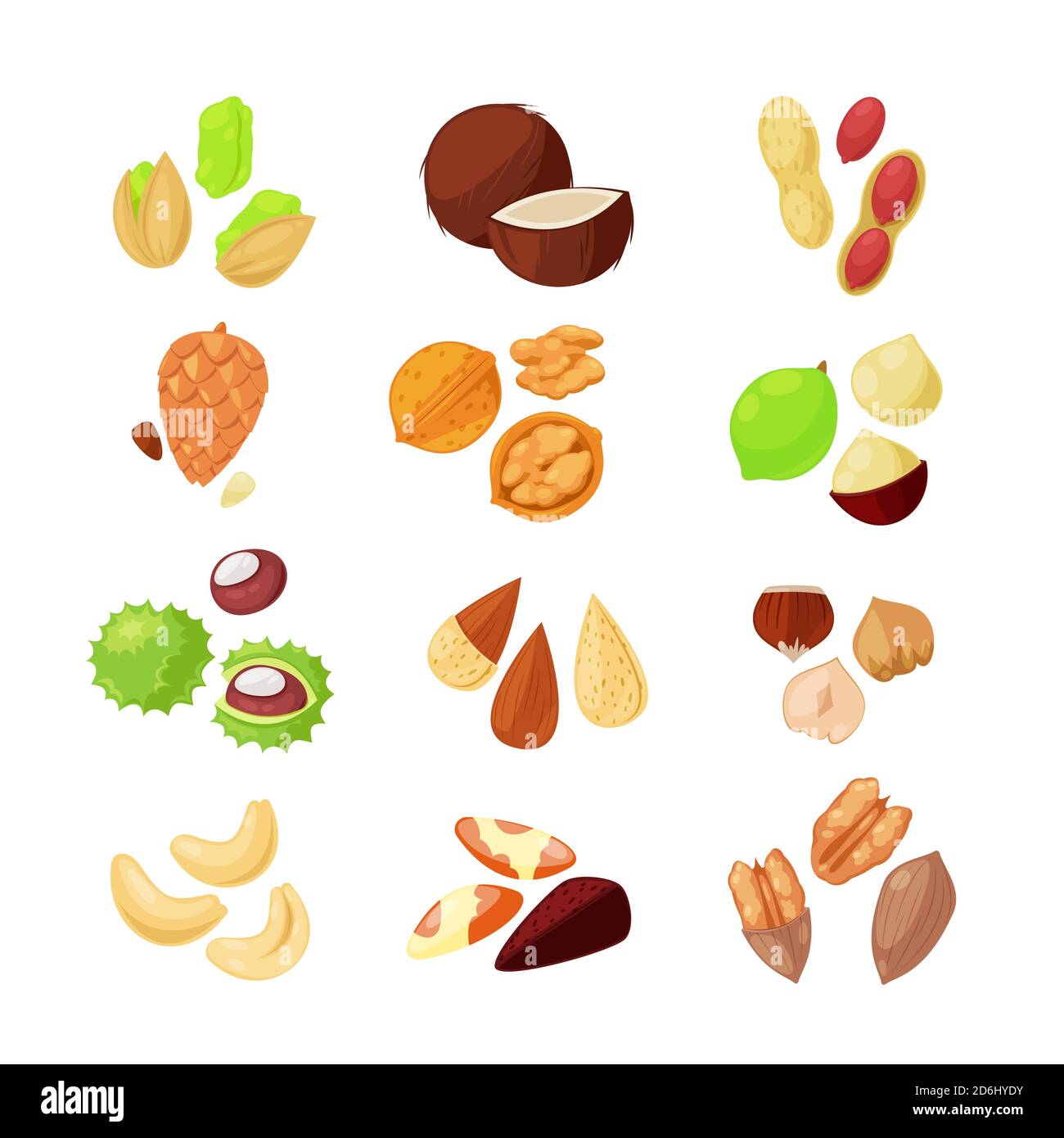 Symbole für NUTS-Vektor. Superfood Essen Cartoon Stil Illustration. Stock Vektor