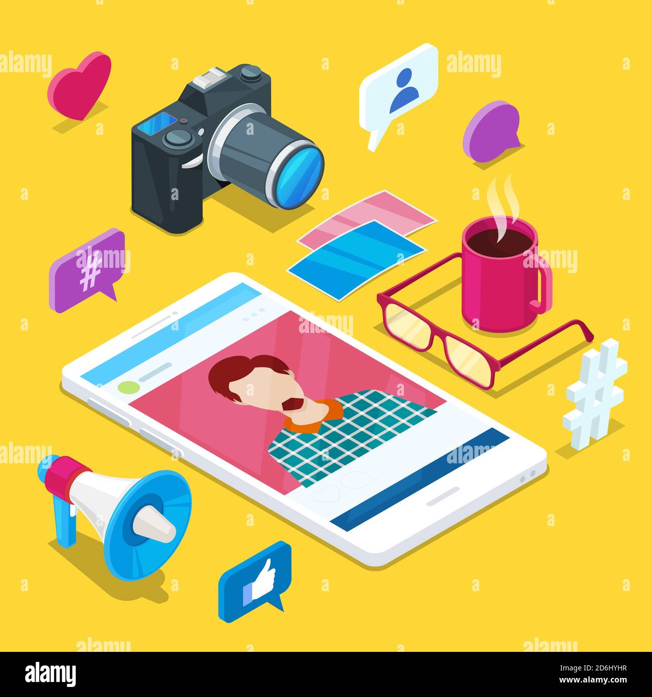 Blogging und Erstellung von Social Media-Inhalten. Foto oder Video Blog Vektor 3d isometrische Symbole. Internet-Geschäftskonzept. Stock Vektor