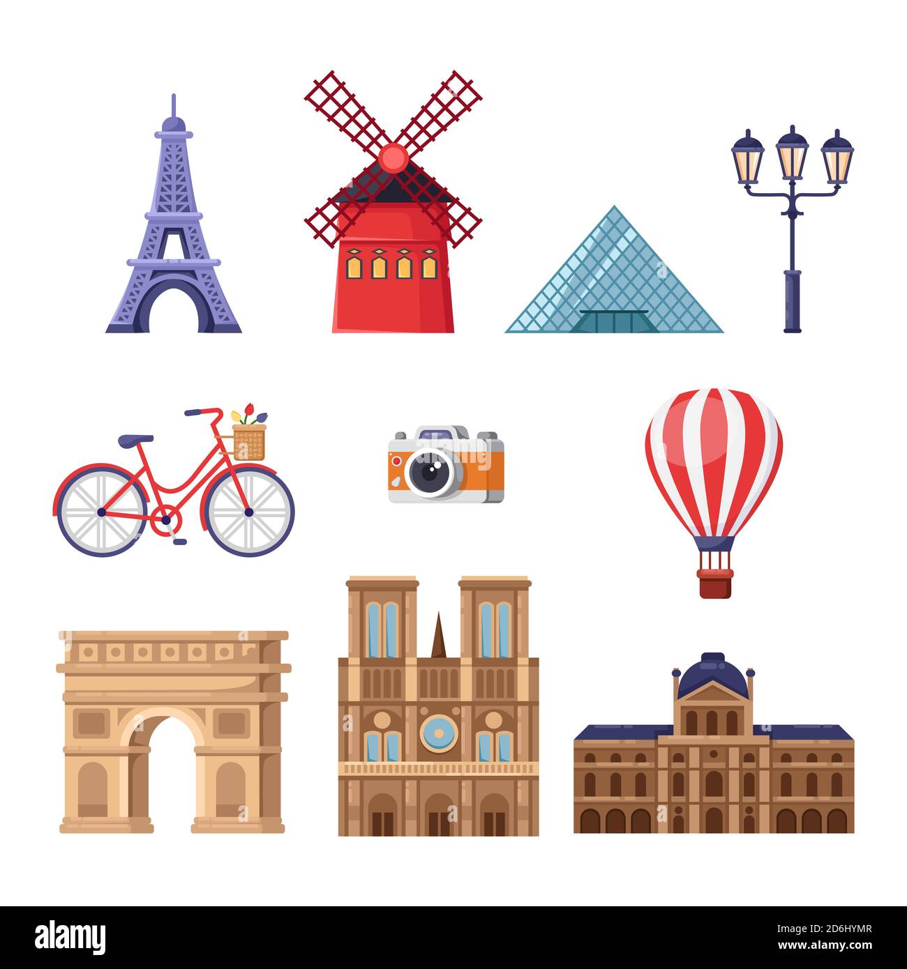 Reisen Sie nach France Design Elements. Paris Sehenswürdigkeiten Illustration. Vektor Cartoon isolierte Symbole gesetzt. Eiffelturm, Louvre, Triumphbogen, Notre Stock Vektor