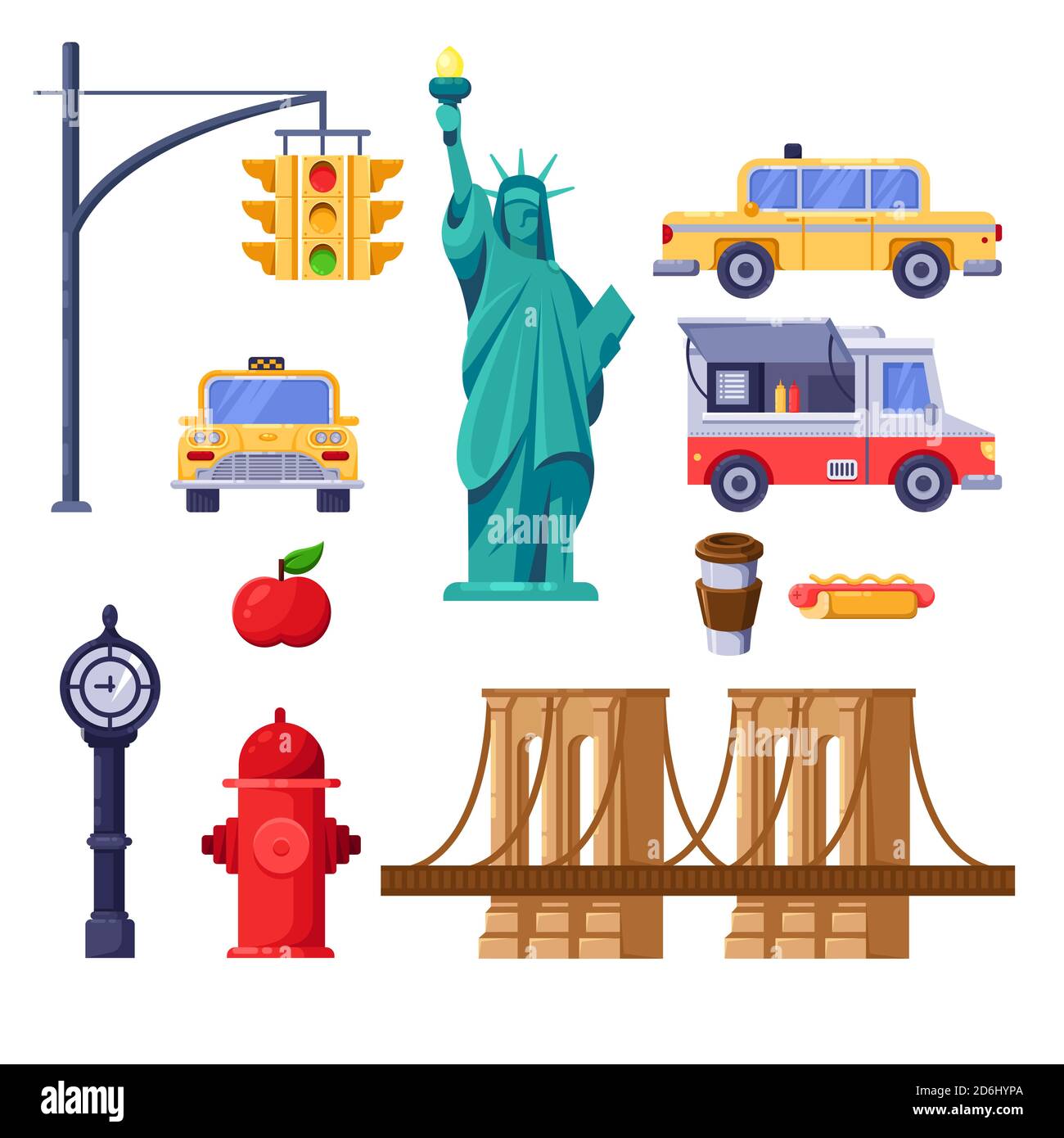 New York City Symbole gesetzt. Vektorfahrt isolierte Illustration. Gelbes Taxi, Freiheitsstatue, Brooklyn Bridge, Street Fast Food Truck Ikonen. Stock Vektor