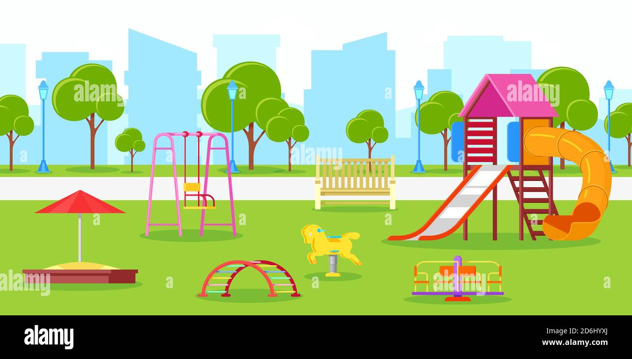 Kindergarten oder Kinderspielplatz im Stadtpark. Vektor Stadtleben, Freizeit und Outdoor-Aktivitäten Illustration. Stadtbild im Sommer oder Frühling. Stock Vektor