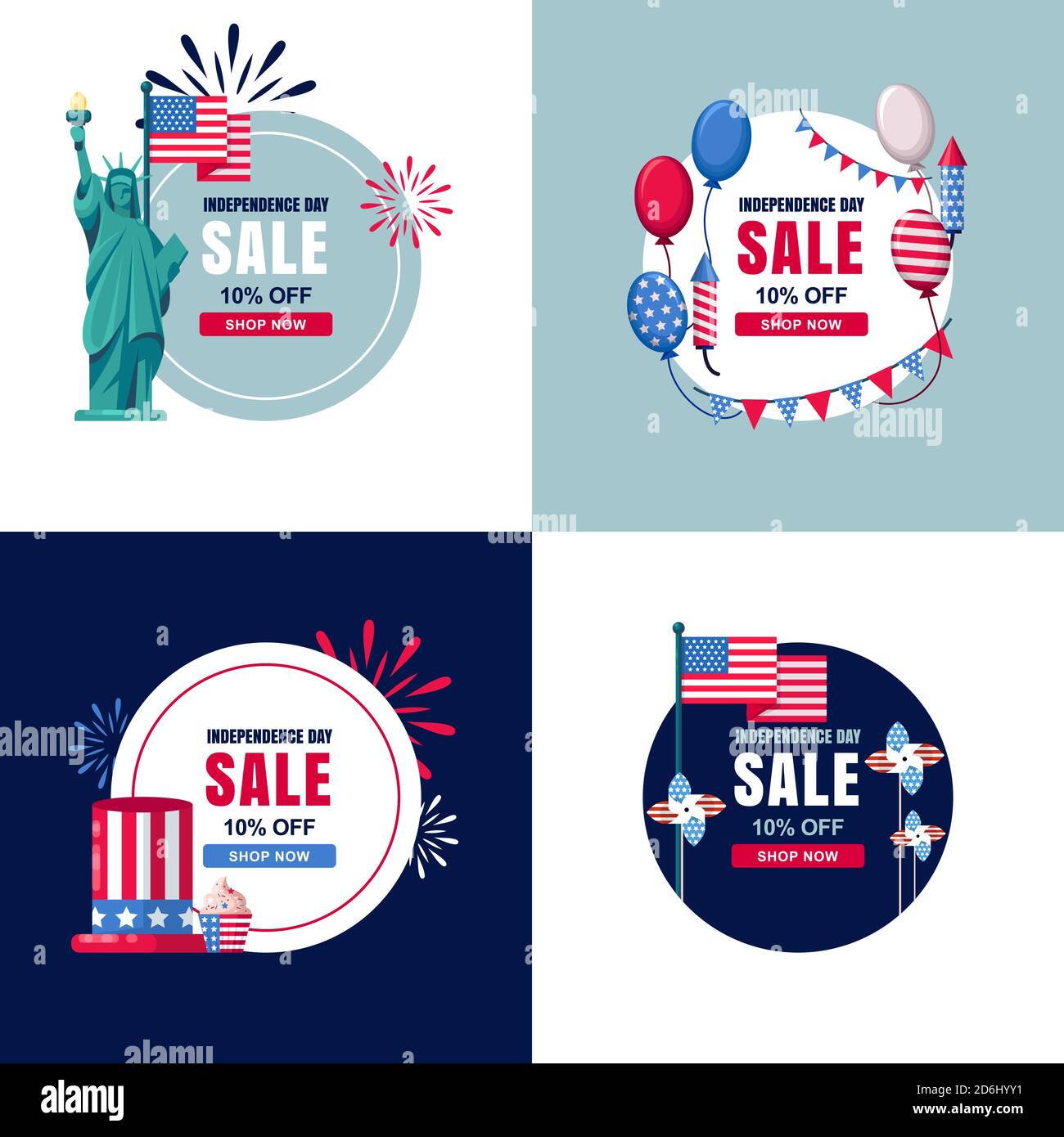 4. Juli, USA Independence Day Verkauf Banner Set. Vector Urlaub Kreis Label, Aufkleber Hintergründe mit Flagge, Luftballons und Feuerwerk. Stock Vektor