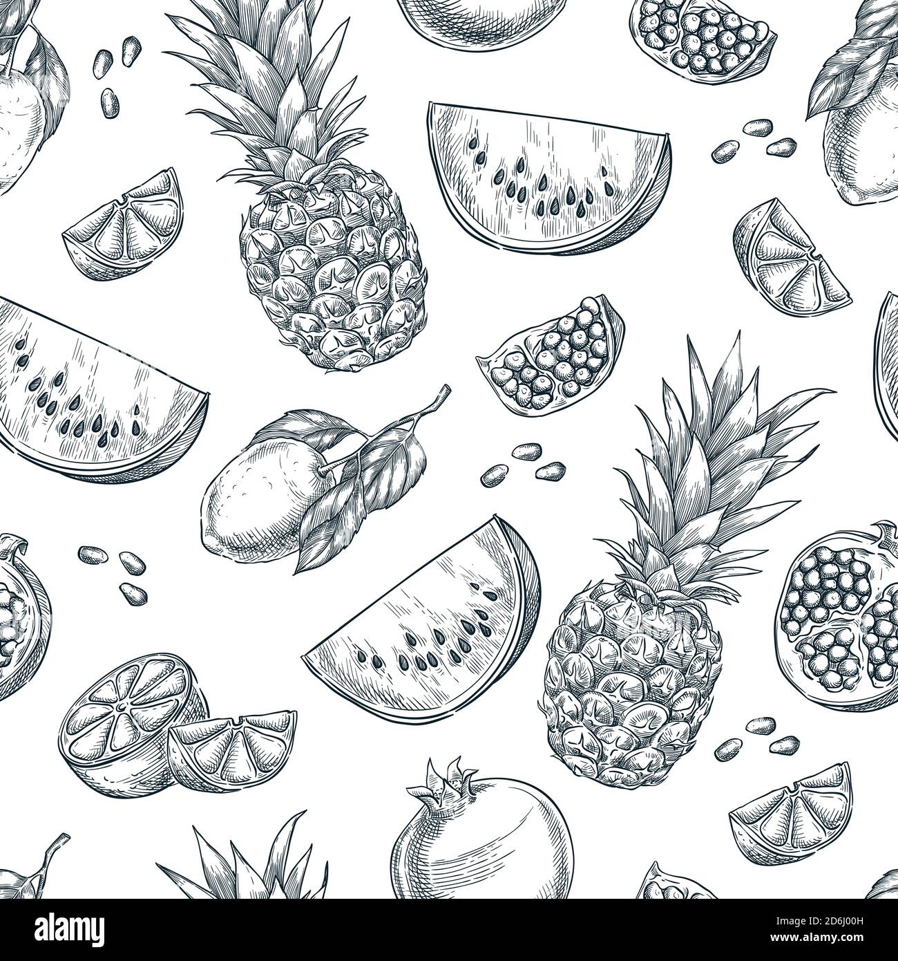 Tropische Früchte nahtloses Vektor-Muster. Skizze handgezeichnete Illustration von Ananas, Zitrone, Wassermelone, Granatapfel. Mode Textildruck oder Rückendruck Stock Vektor