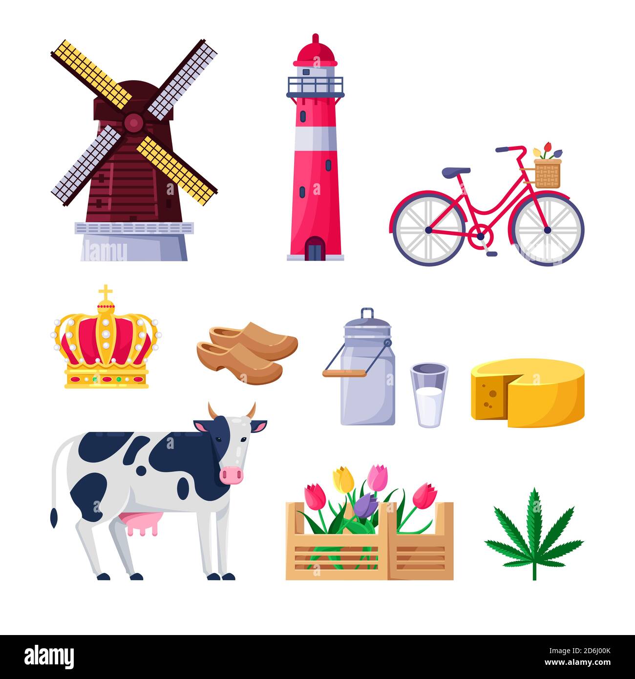 Reisen Sie nach Holland Vektor-Icons und Design-Elemente. Niederländische nationale Symbole und Wahrzeichen. Illustration im Cartoon-Stil. Stock Vektor