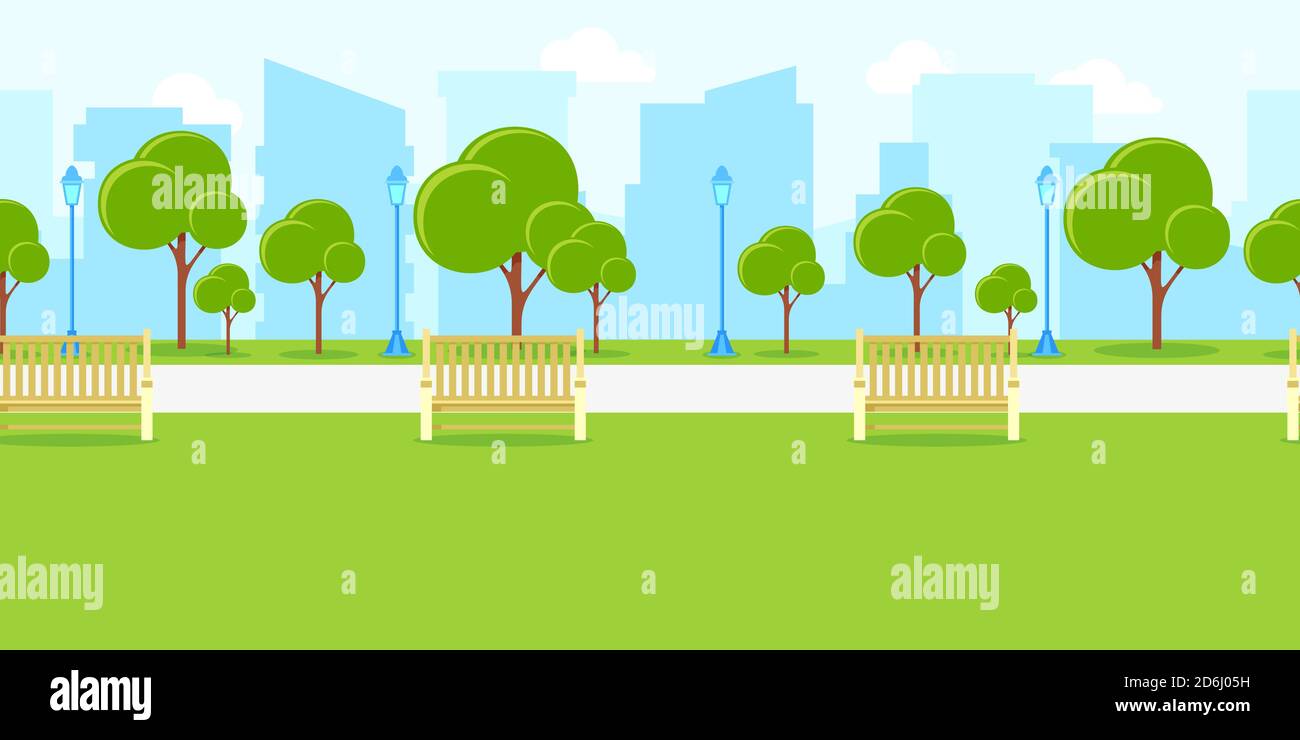 Stadtparklandschaft, horizontaler nahtloser Hintergrund. Vektor-Darstellung des städtischen Lebens. Im Sommer oder Frühling Stock Vektor