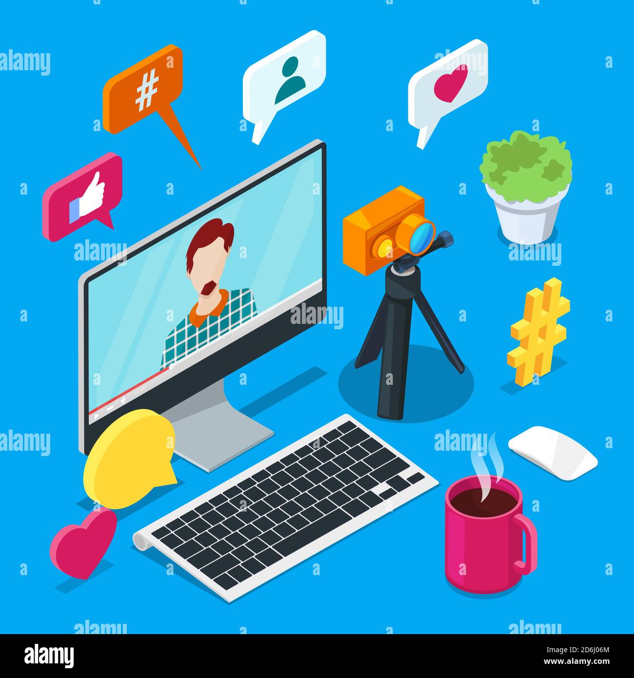 Blogging und Erstellung von Social Media-Inhalten. Foto oder Video Blog Vektor 3d isometrische Symbole. Internet-Geschäftskonzept. Stock Vektor