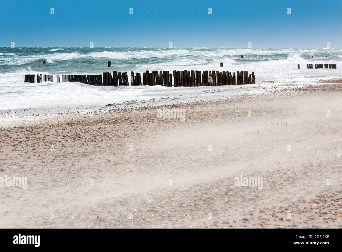 Wintersturm an der Ostsee, Groynes in der Brandung, Sandblasen am Strand, bei Graal-Müritz, Mecklenburg-Vorpommern, Deutschland Stockfoto