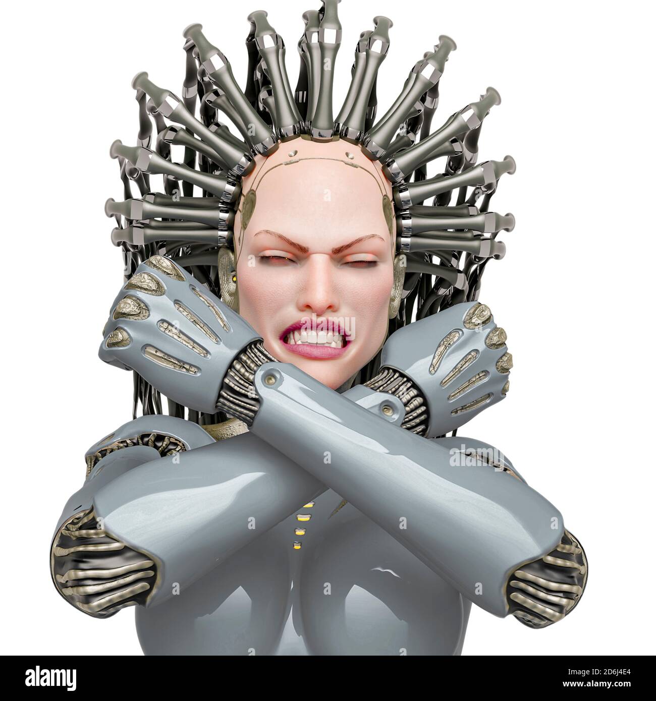 Super Cyborg ist wütend und das Gefühl bereit für Krieg Nahaufnahme, 3d-Illustration Stockfoto