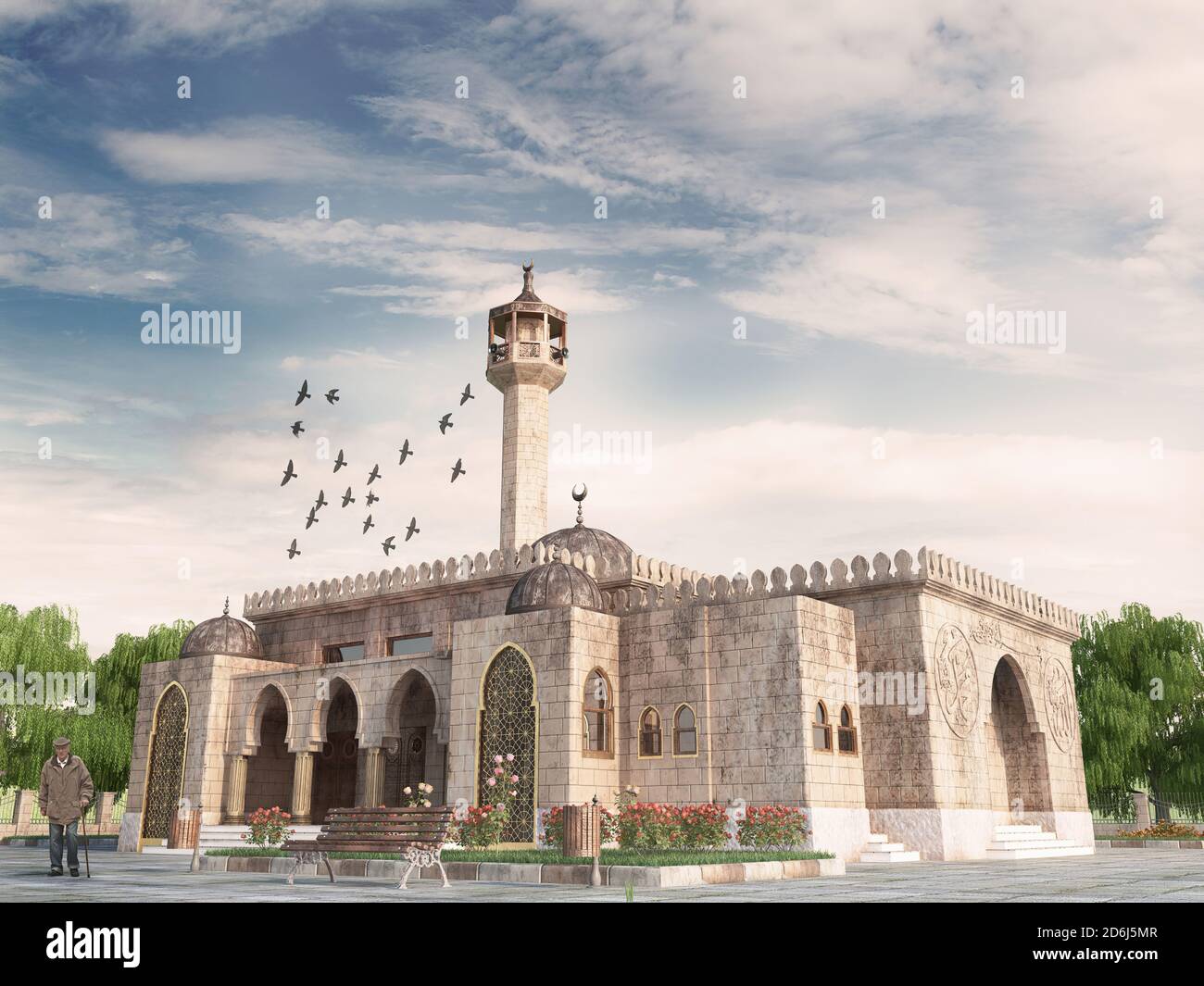 Islamisches architektonisches Moschee-Design. Alter Mann, der aus der alten Steinmoschee betet. Komposition mit ramadan Monat Konzept 3d Rendering Illustration Stockfoto