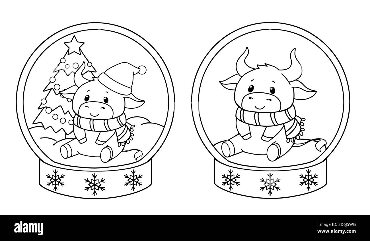 Set von zwei Kühen, die in der Kristallkugel sitzen. Weihnachten Kontur Vektor Illustration für Kinder Malbuch. Isoliert auf weißem Hintergrund. Stock Vektor