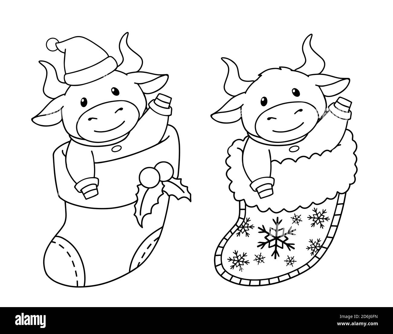 Set von zwei Kühen, die in der Socke sitzen. Weihnachten Kontur Vektor Illustration für Kinder Malbuch. Isoliert auf weißem Hintergrund. Stock Vektor