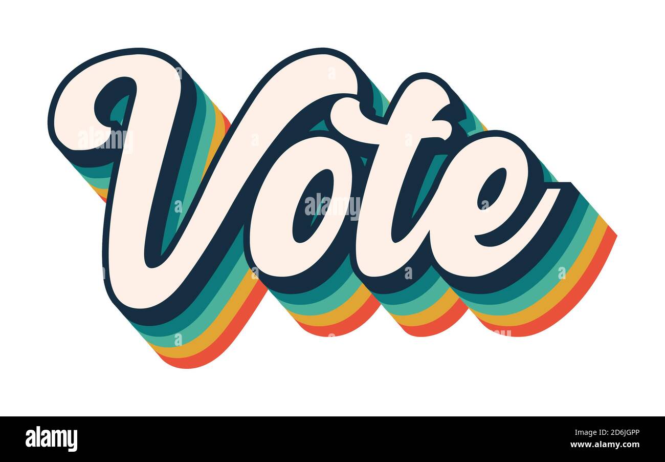 Stimmgrafik, Regenbogen Abstimmung retro Schriftart, Präsident Wahl, politische Demokratie, Design-Schrift Streifen-Effekt, blau grün gelb rot vintage Stil lette Stockfoto Stimmgrafik, Regenbogen Abstimmung retro Schriftart, Präsident Wahl, politische Demokratie, Design-Schrift Streifen-Effekt, blau grün gelb rot vintage Stil lette Stockfoto