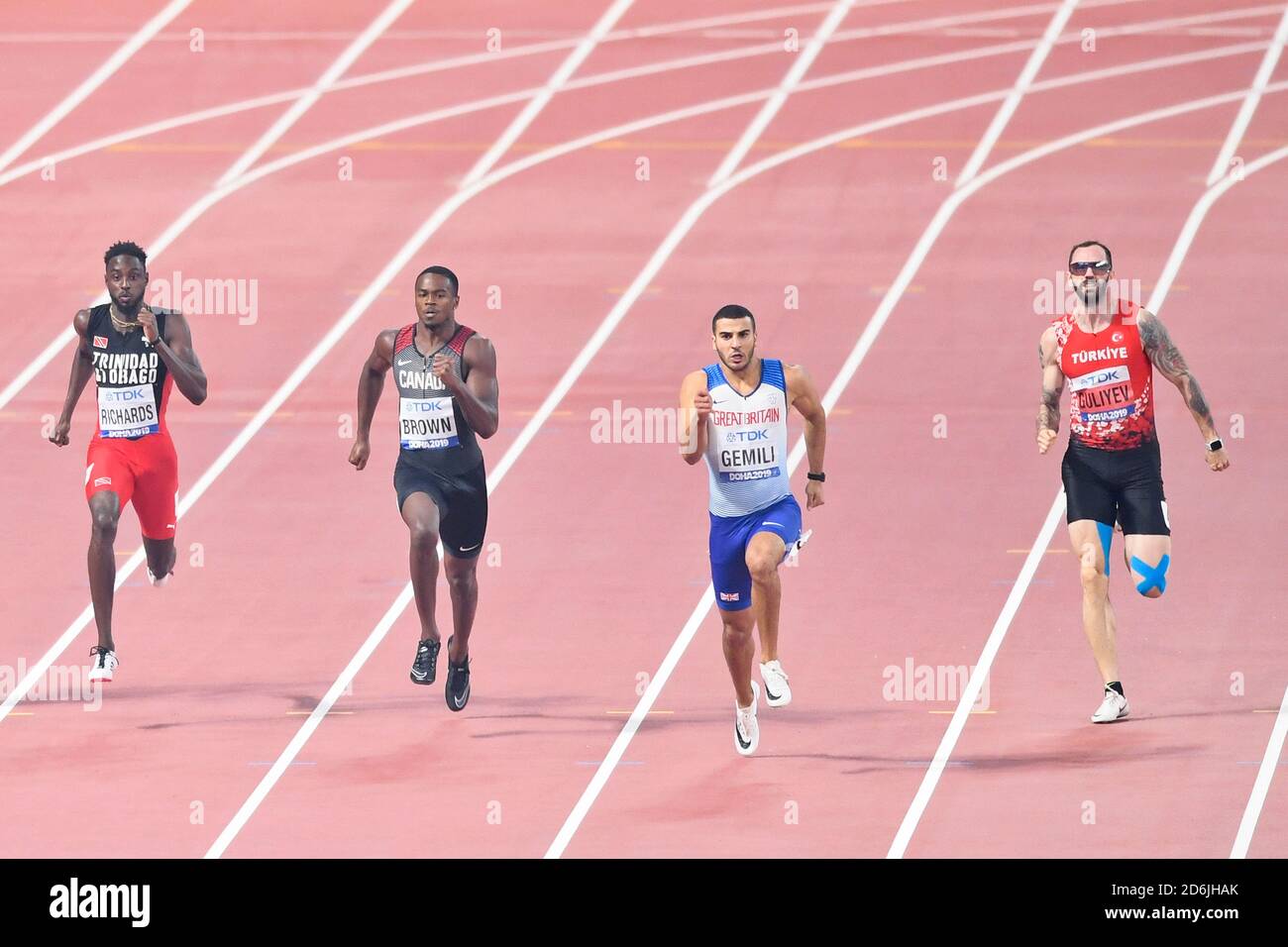 Adam Gemili (GBR), Ramil Guliyev (TUR), Aaron Brown (CAN), Jareem Richards. 200 Meter Männer Halbfinale. IAAF Leichtathletik-Weltmeisterschaften, Doha 2019 Stockfoto