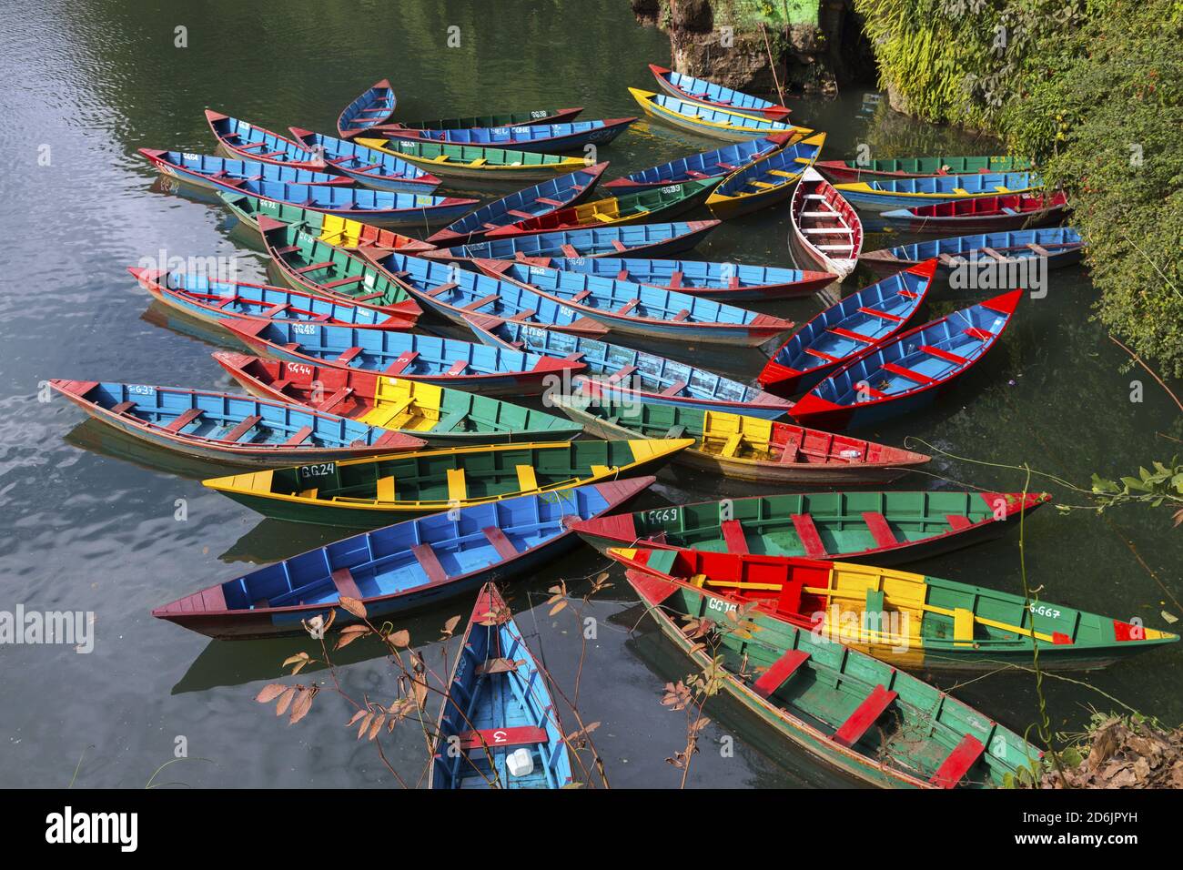 Gruppe von mehrfarbigen Fischerbooten auf dem Freshwater Phewa oder Fewa Lake in Pokhara, Nepal Stockfoto