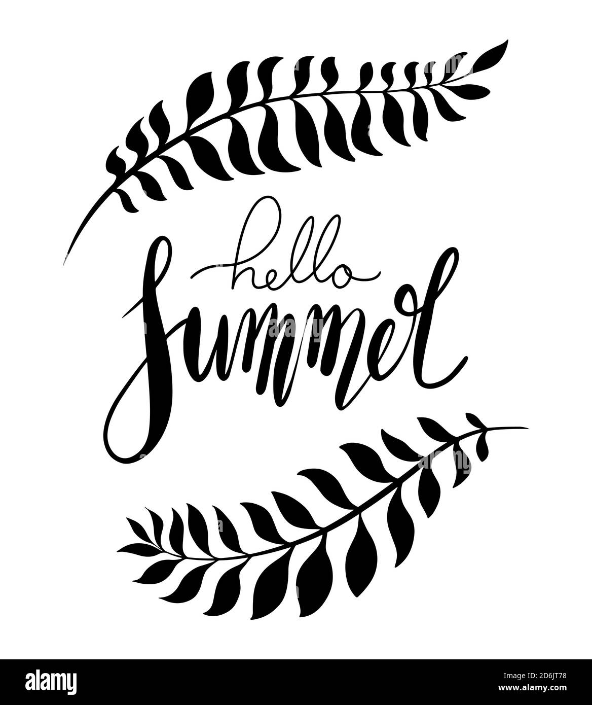 Hallo Sommer, handgeschriebener Schriftzug mit Palmzweigen. Positives Zitat zur Inspiration. Vektor-Element für den Druck auf T-Shirts, Karten und Ihr Design Stock Vektor