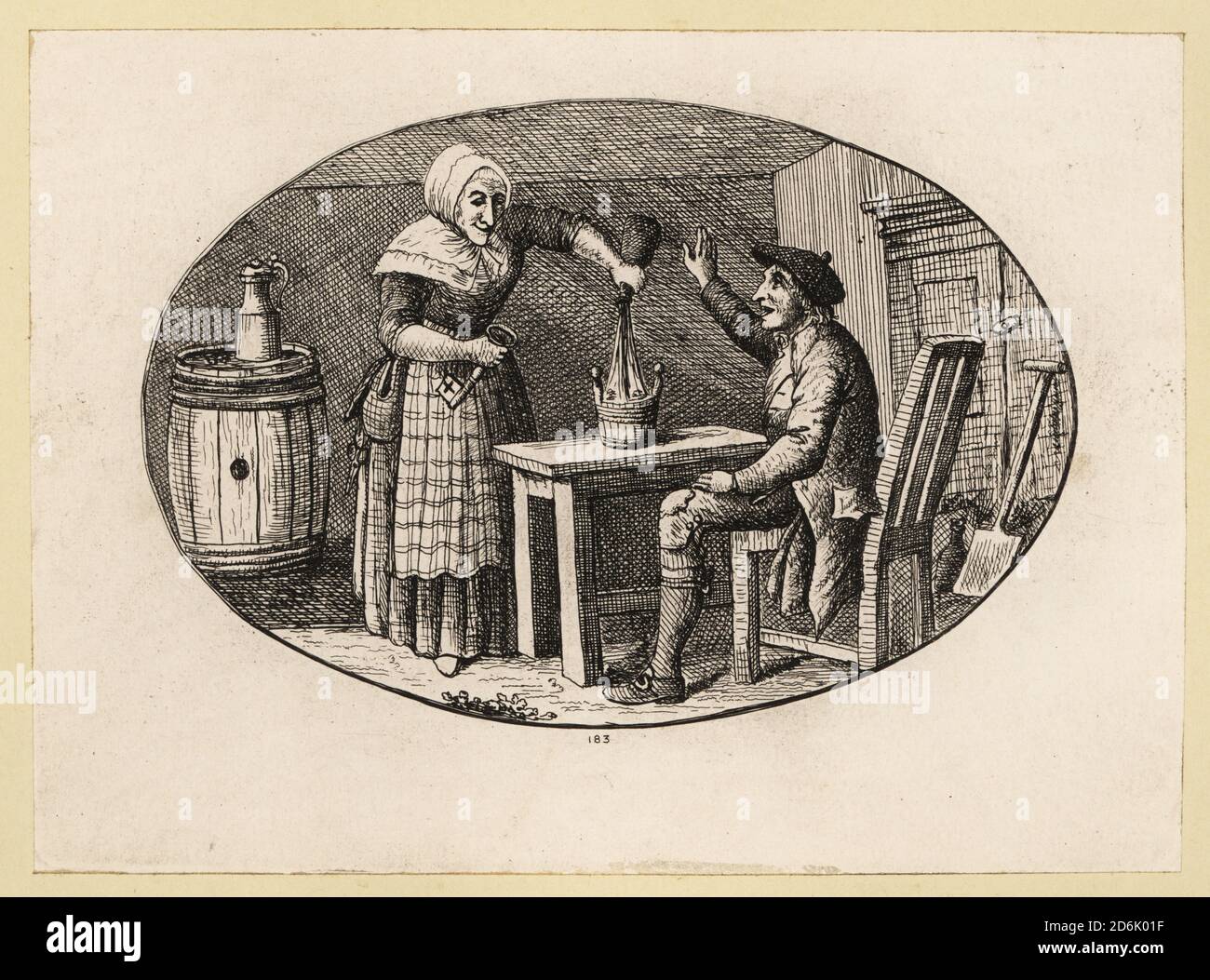 Schottische Frau, die eine Flasche Ale in einen Eimer auf einem Tisch für einen Mann in einer Tam-O’shanter Kappe gießt, 18. Jahrhundert. Sie trägt eine Kapuze und einen Noppen, Schürze und einen Tartanrock und hält einen großen Schlüssel. Das Zimmer hat einen Holztisch, Stuhl, Fass, Schrank und Schaufel. Kupferstich von David Deuchar aus EINER Sammlung von Radierungen nach den bedeutendsten Meistern der niederländischen und flämischen Schulen, Edinburgh, 1803. Stockfoto