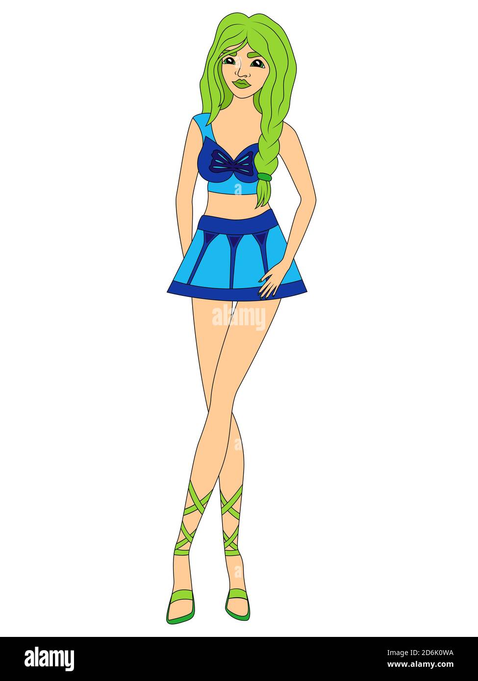 Liebenswert Cartoon Mädchen in blauen Kleidern und mit grünem Haar, Vektor als Kinderzeichnung gemacht Stock Vektor