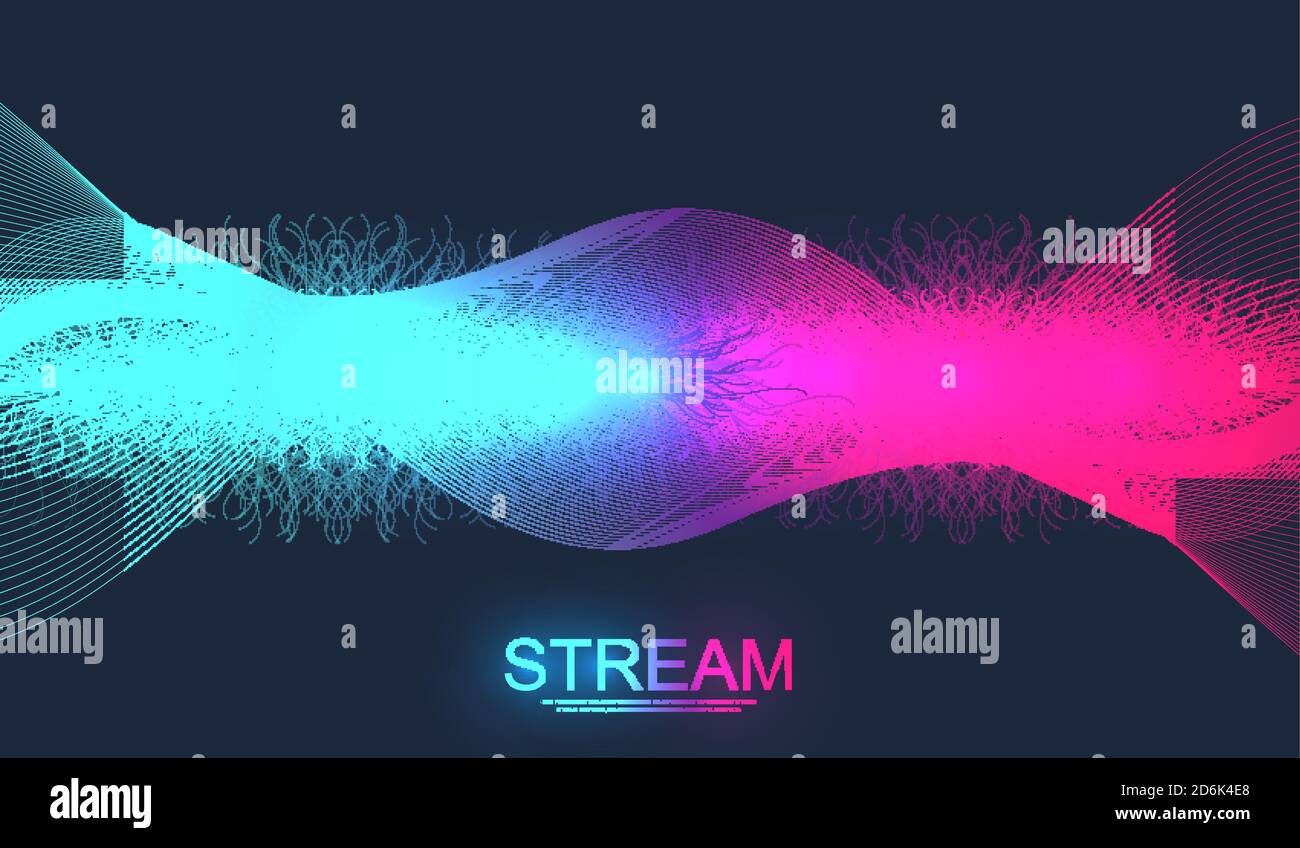 Digital Streaming Hintergrund, Wellenfluss. Plexus Stream Hintergrund. Abstrakte dynamische Bewegungslinien und Punkte Hintergrund mit bunten Partikeln. Big Data Stock Vektor