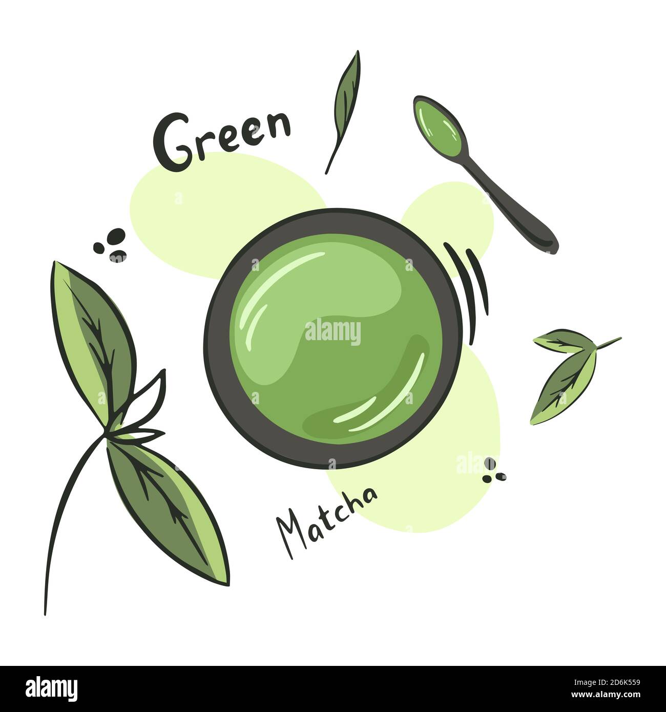 Kollektion von Matcha-Tee-Produkten. Matcha Pulver, Teekanne, Bambuslöffel, Teeblätter,. Handgezeichneter Vektorsatz. Stock Vektor