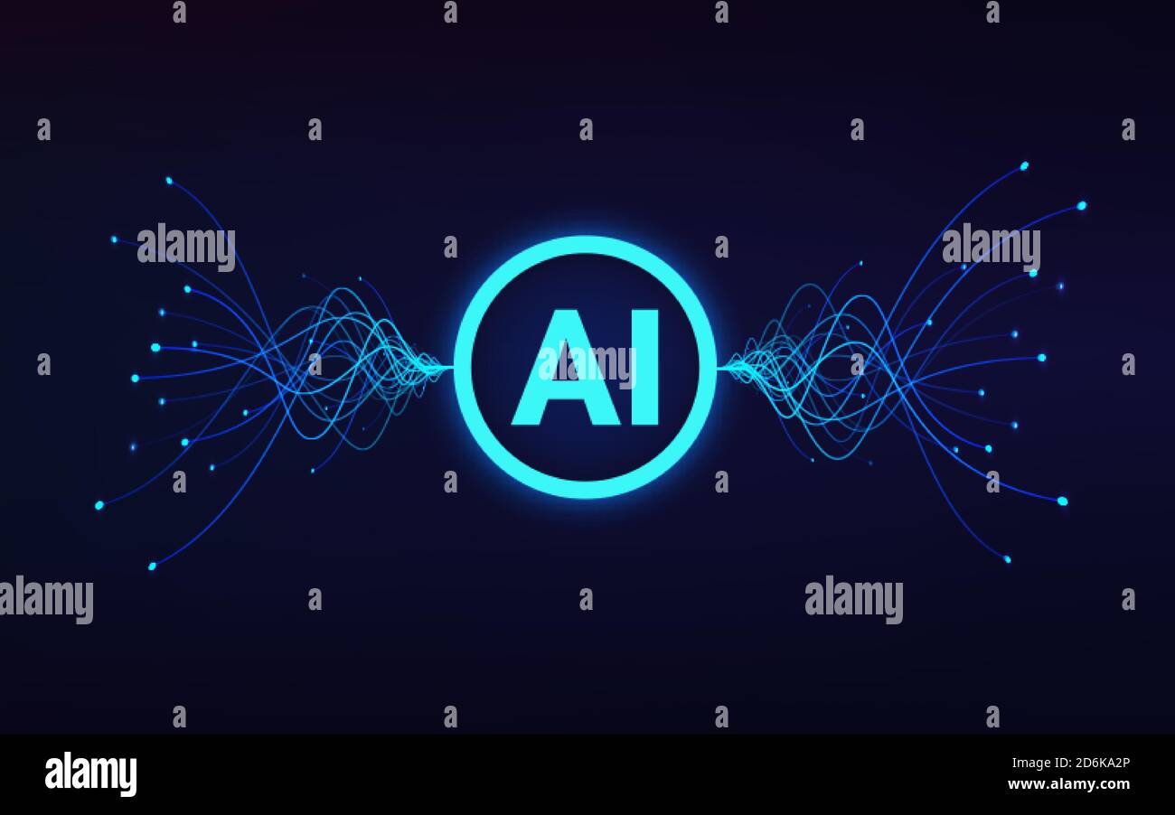 Konzept der künstlichen Intelligenz. ki-Text in der Mitte und sich bewegende blaue Wellen. Maschinelles Lernen und Datenanalyse. Vektor Stock Vektor