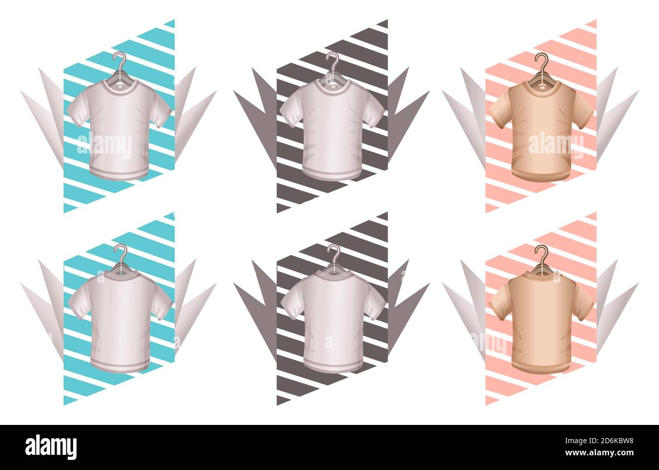 T-Shirt am Aufhänger Icon Set. Vorder- und Rückansicht. T-Shirt-Design mit kurzen Ärmeln und Rundhalsausschnitt. Labels für Herren Sport, Casual Kleidung. Vektorzeichen Stock Vektor