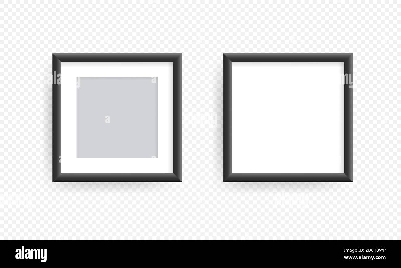 Grauer realistischer Bilderrahmen an der Wand. Mockup realistische quadratische Bild oder Fotorahmen isoliert auf transparentem Hintergrund. Stock Vektor