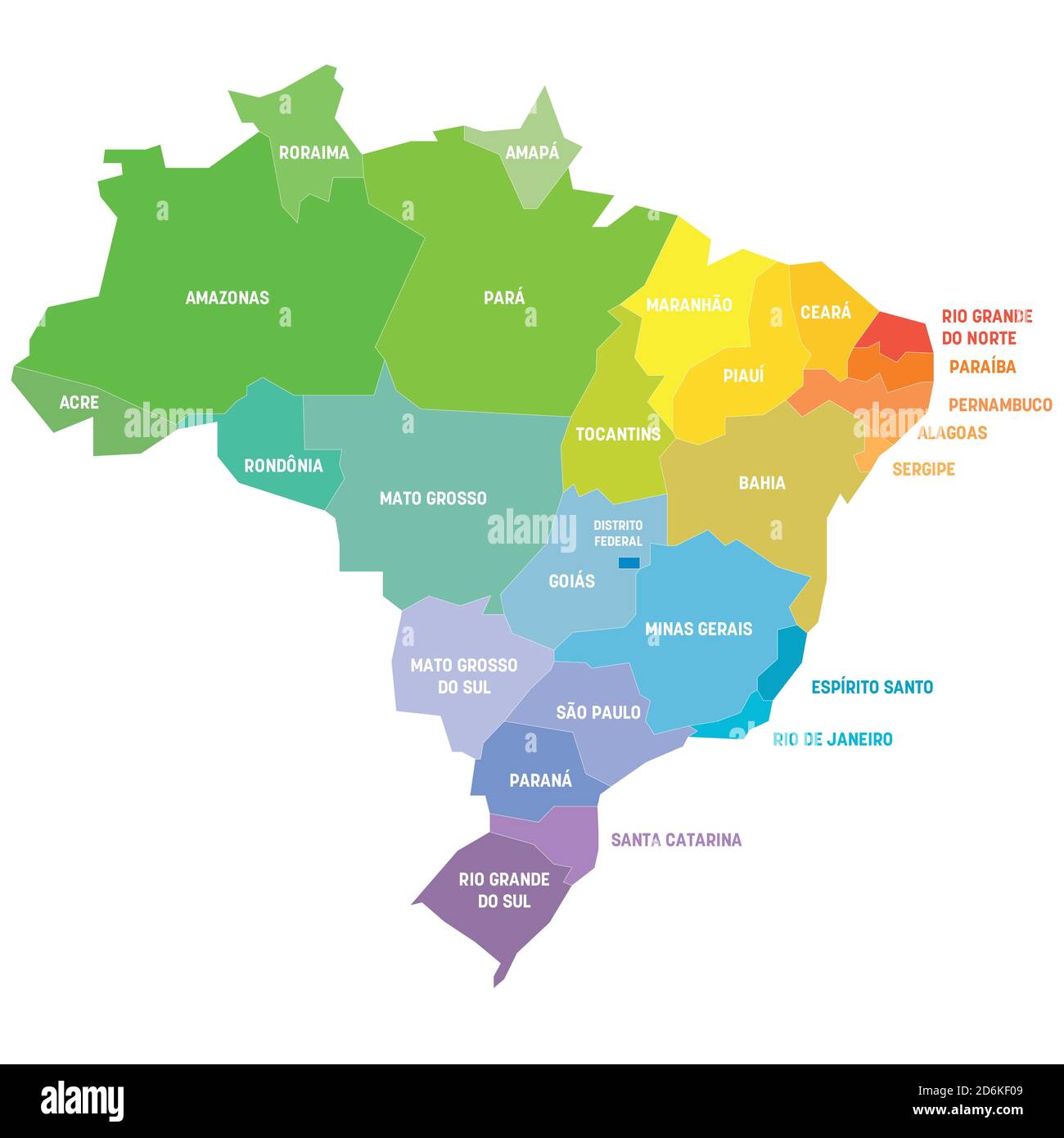 Bunte politische Landkarte von Brasilien. Verwaltungsabteilungen - Staaten. Einfache flache Vektorkarte mit Beschriftungen. Stock Vektor