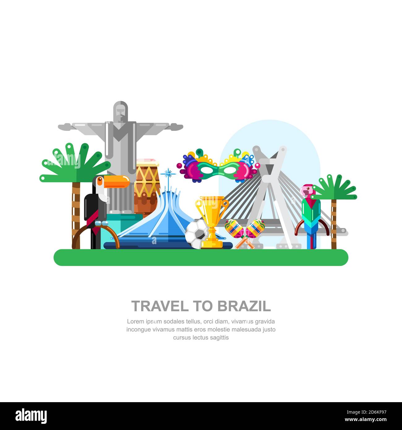 Reise nach Brasilien Vektor-flache Illustration. Brasilianische nationale Symbole und Wahrzeichen Ikonen und Design-Elemente. Stock Vektor
