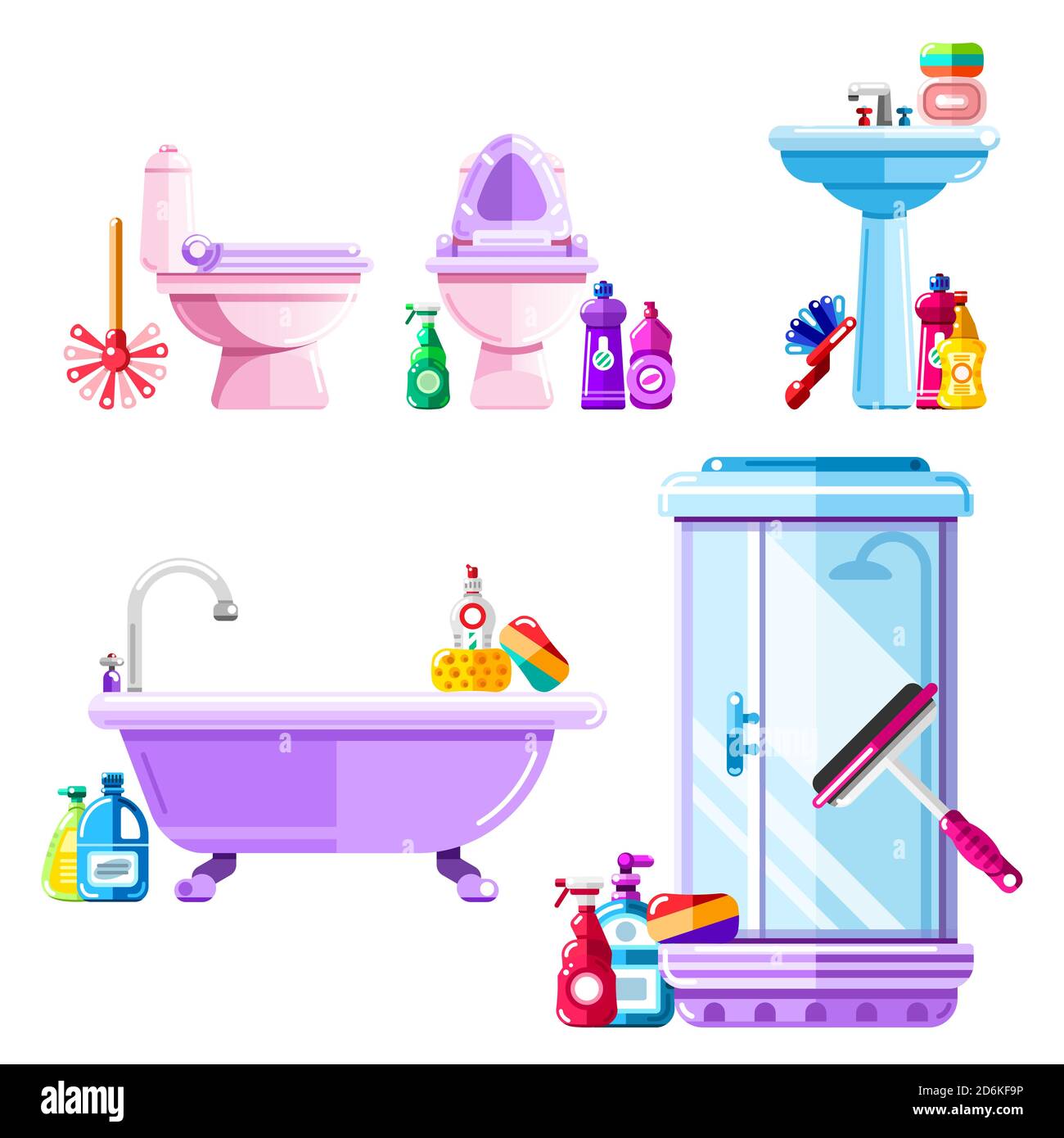 Badezimmer und sanitäre Technik Reinigung. Vektor-isolierte Symbole gesetzt. Flache Abbildung von Duschkabine, Waschbecken, Toilette, Reinigungsmitteln und Waschmitteln. Stock Vektor
