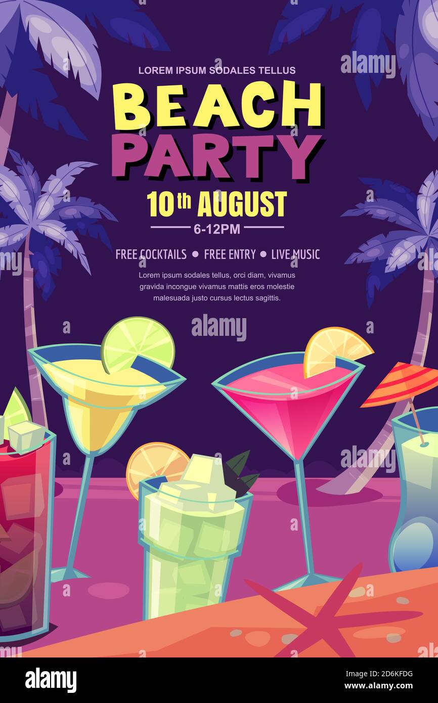 Cocktailparty am Nachtstrand. Vektorposter, Banner-Layout. Tropischer Barhintergrund mit Alkoholcocktails und Palmen. Illustration im Cartoon-Stil Stock Vektor