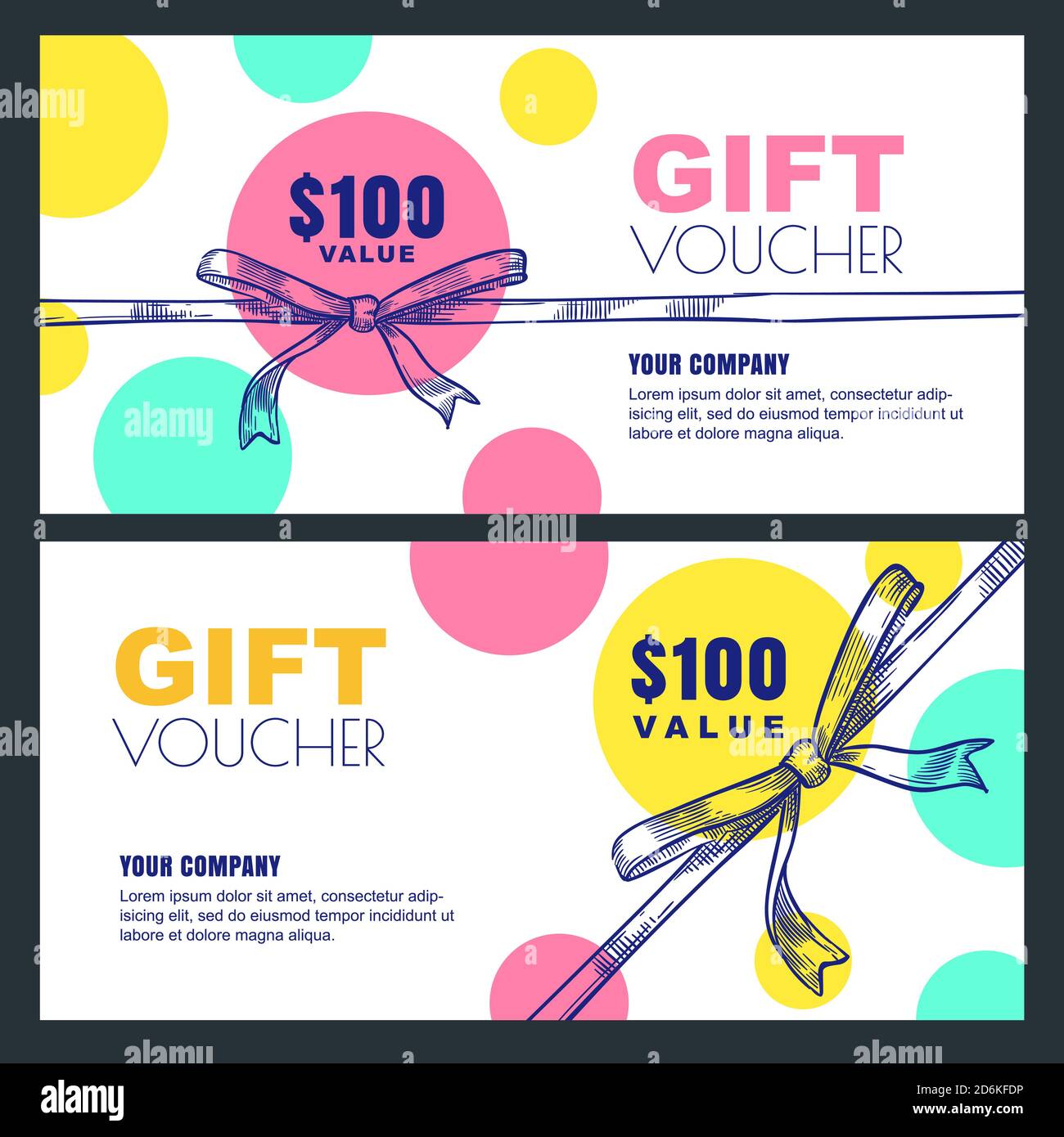 Geschenkkarte, Gutschein, Gutschein oder Gutschein Vektor Design Layout. Rabatt Banner Vorlage für Feiertage Grüße. Schleife Band Skizze Hintergrund. Stock Vektor