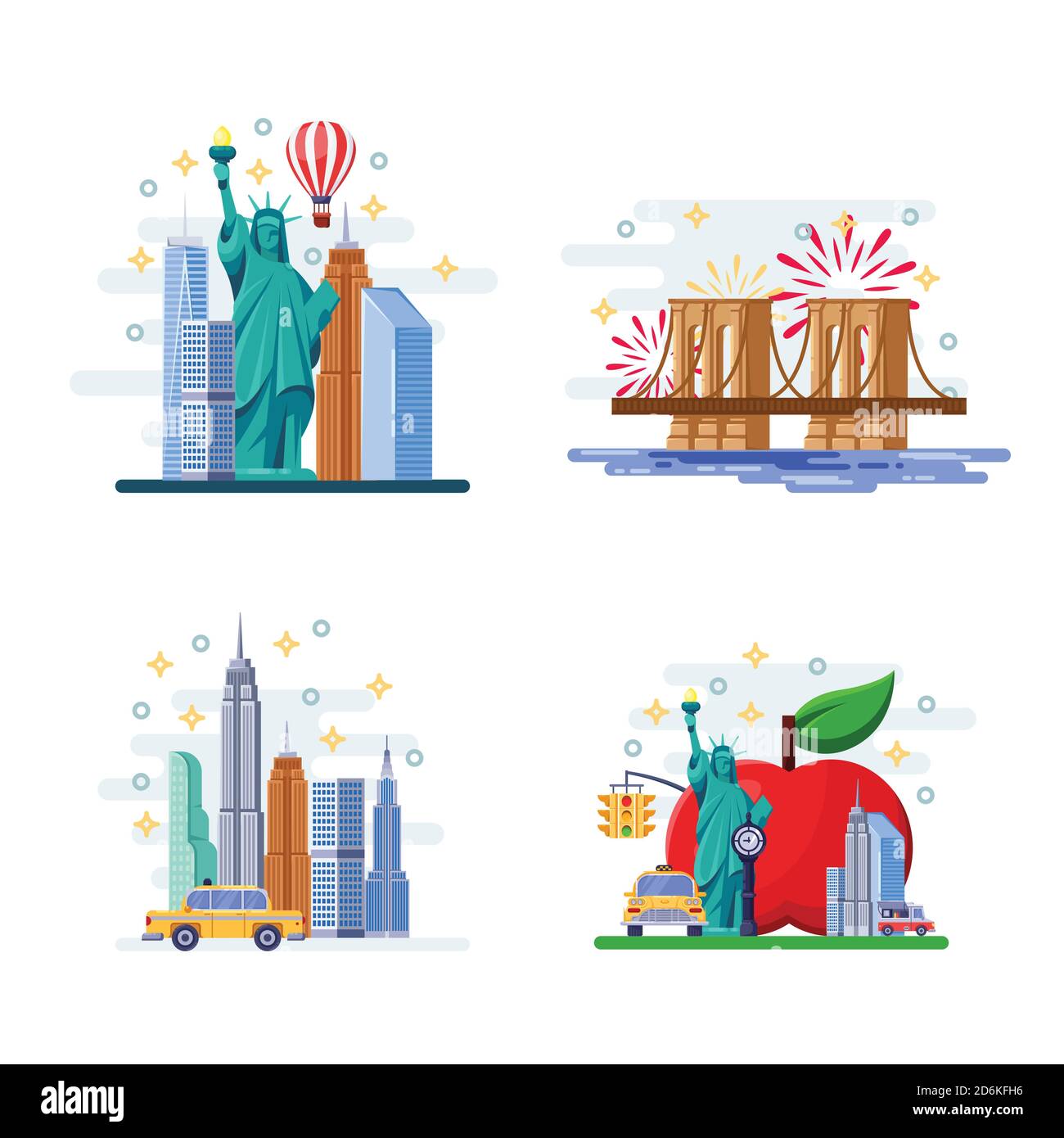 Reise nach New York Vektor-flache Illustration. Stadtsymbole, Wahrzeichen und berühmte Orte. USA-Ikonen und Designelemente. Stock Vektor