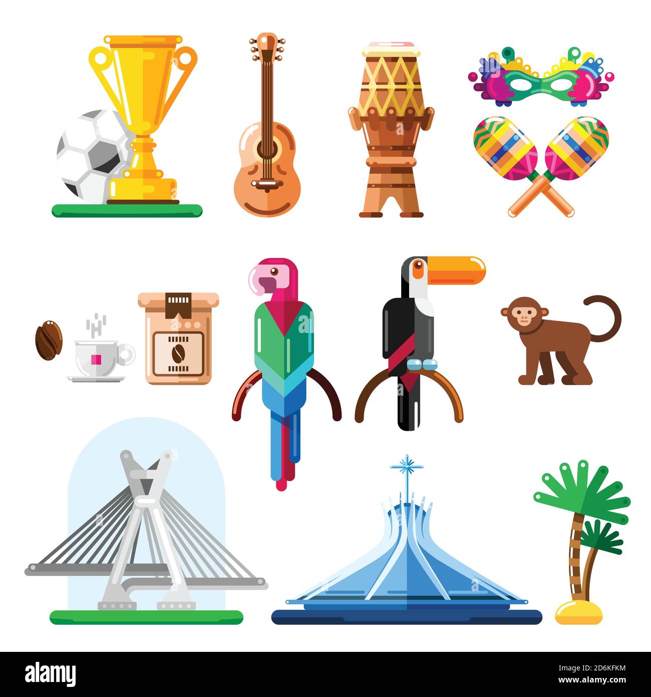 Reisen Sie nach Brasilien Vektor-Icons und Design-Elemente. Brasilianische nationale Symbole und Wahrzeichen flache Illustration. Stock Vektor