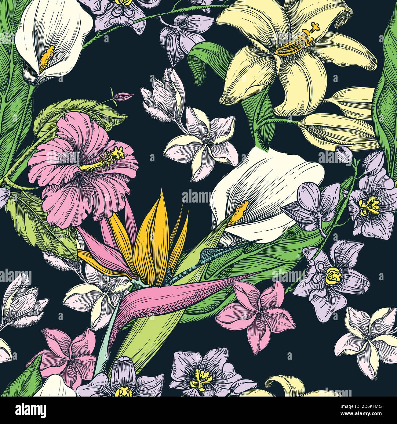 Tropische bunte Blumen schwarz nahtlose Vektor-Muster. Skizze handgezeichnete Illustration. Mode Textildruck oder floralen Hintergrund Design. Stock Vektor