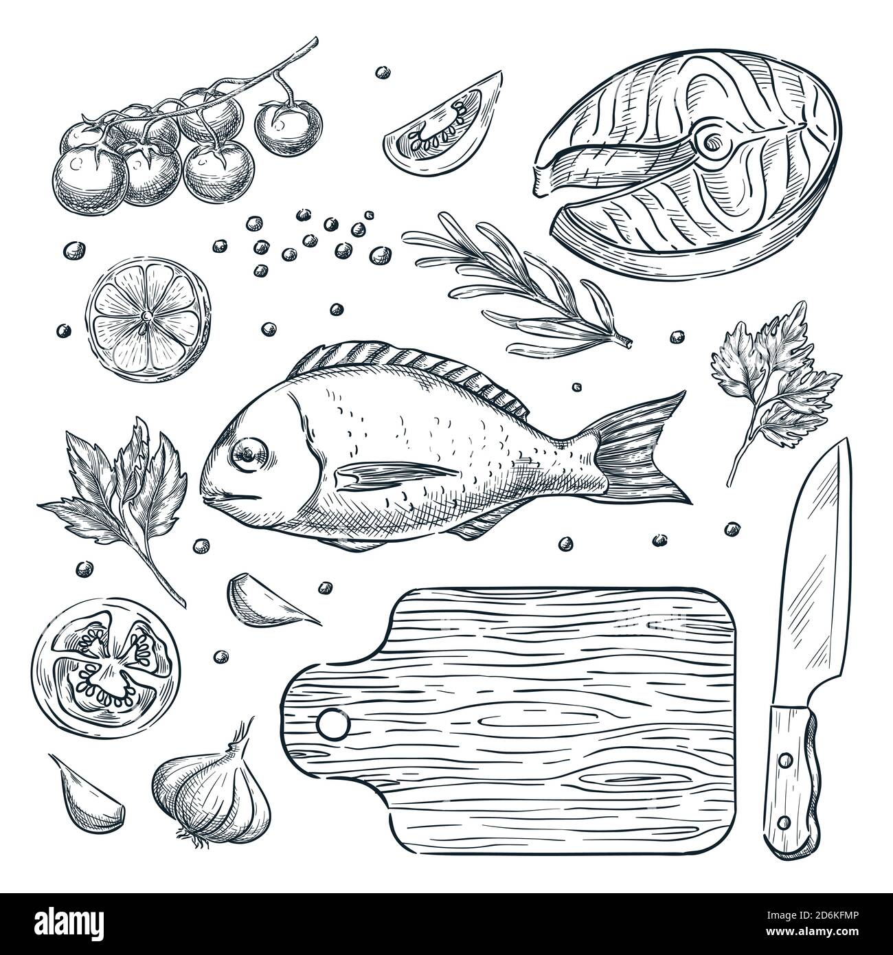Kochen Fisch dorado und Lachs Steak, Vektor-Skizze Illustration. Set von isolierten handgezeichneten Lebensmitteln Zutat, Gemüse, Gewürze. Meeresfrüchte-Restaurant m Stock Vektor