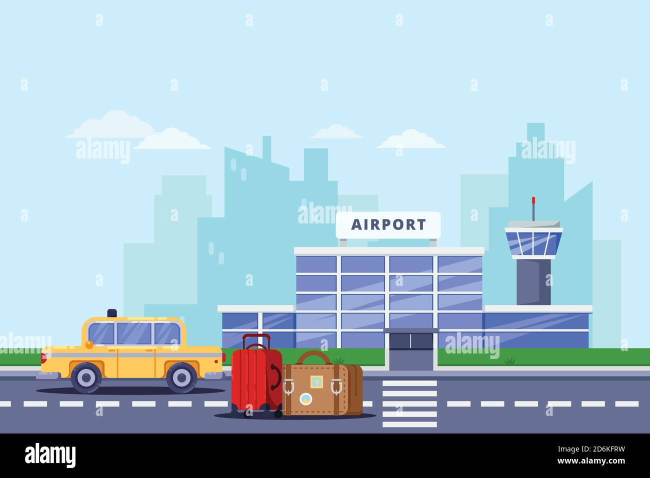 Flughafengebäude, Gepäcktaschen und gelbes Fahrerhaus, Vektor-Flachdarstellung. Taxi-Service und Transfer-Konzept. Flugreisen Hintergrund und Design Stock Vektor